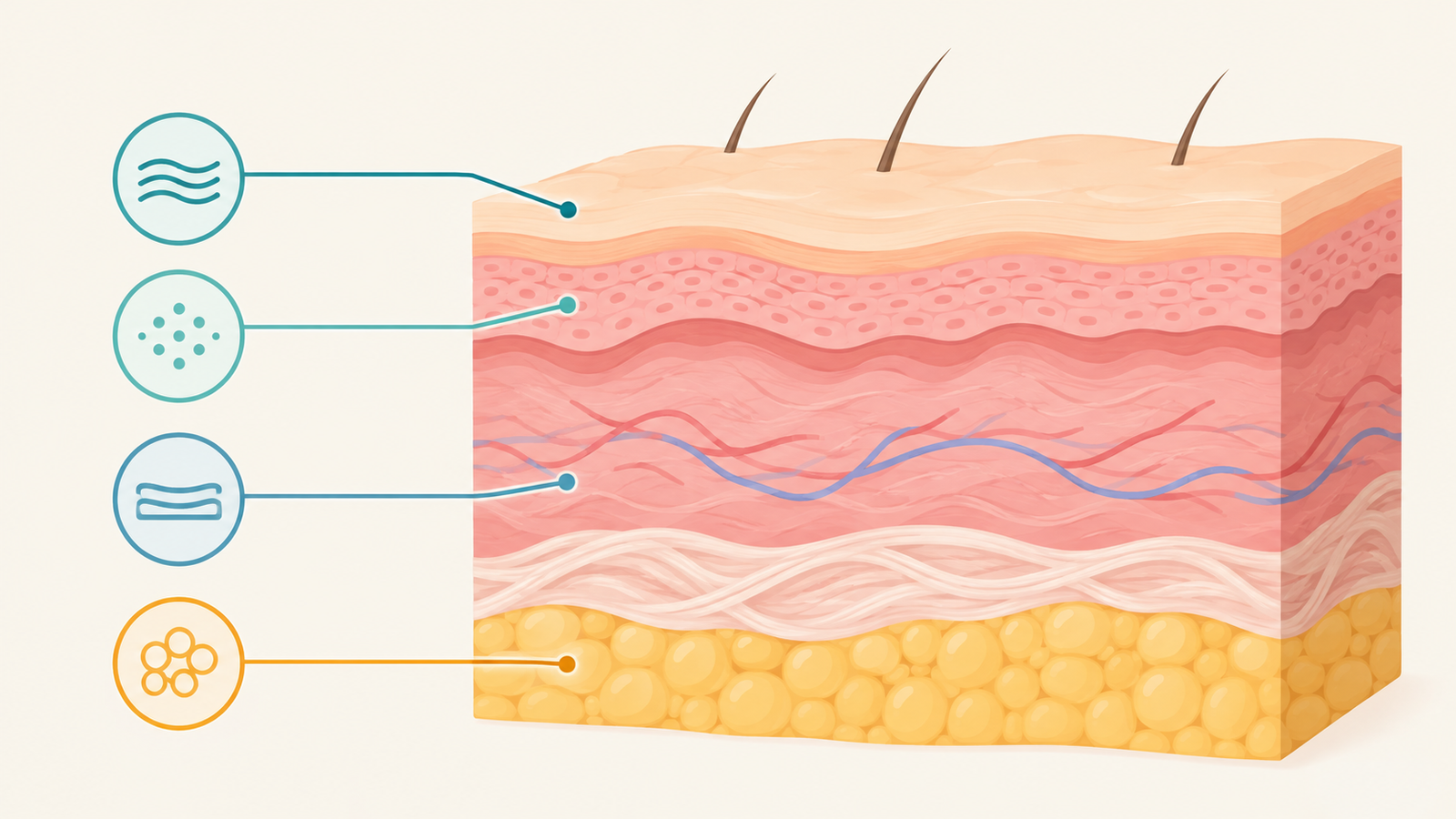 Illustration showing how different non-surgical skin tightening technologies target different depths beneath the skin