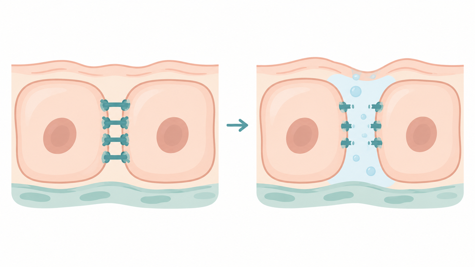 Illustration showing how skin cells separate and form blisters in pemphigus vulgaris