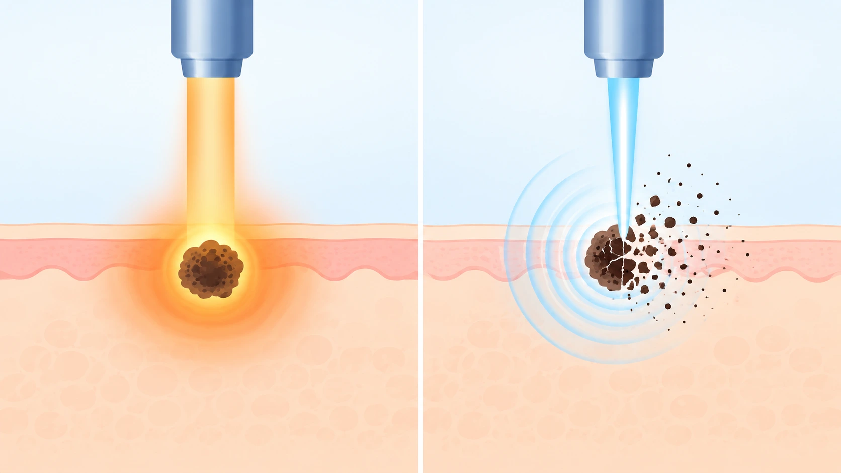 Diagram comparing a longer heat-based laser pulse to an ultra-short mechanical shockwave laser pulse