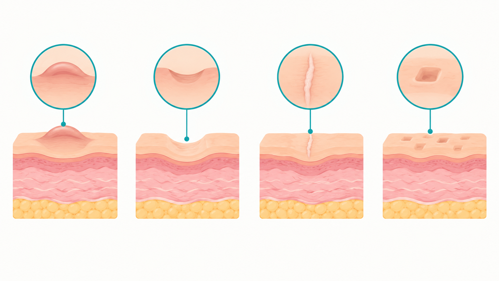 Illustration comparing different types of problem scars treated with scar revision surgery