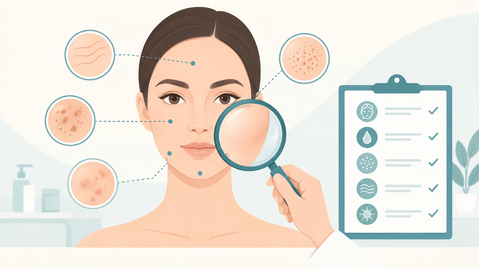 Illustration representing a dermatologist’s skin assessment before a skin rejuvenation treatment plan