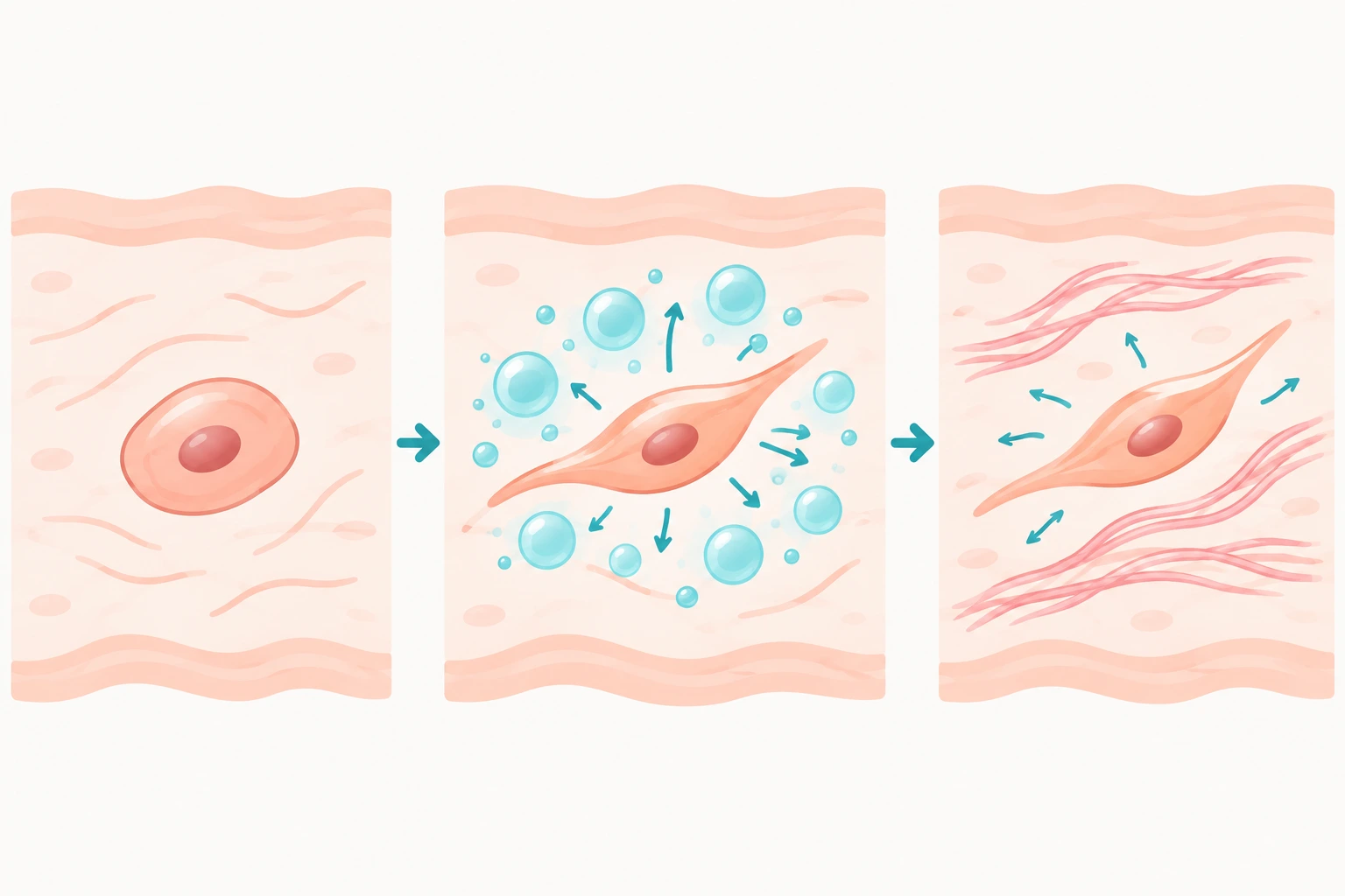 Illustration showing a skin cell becoming active and producing new fibers after skin booster treatment