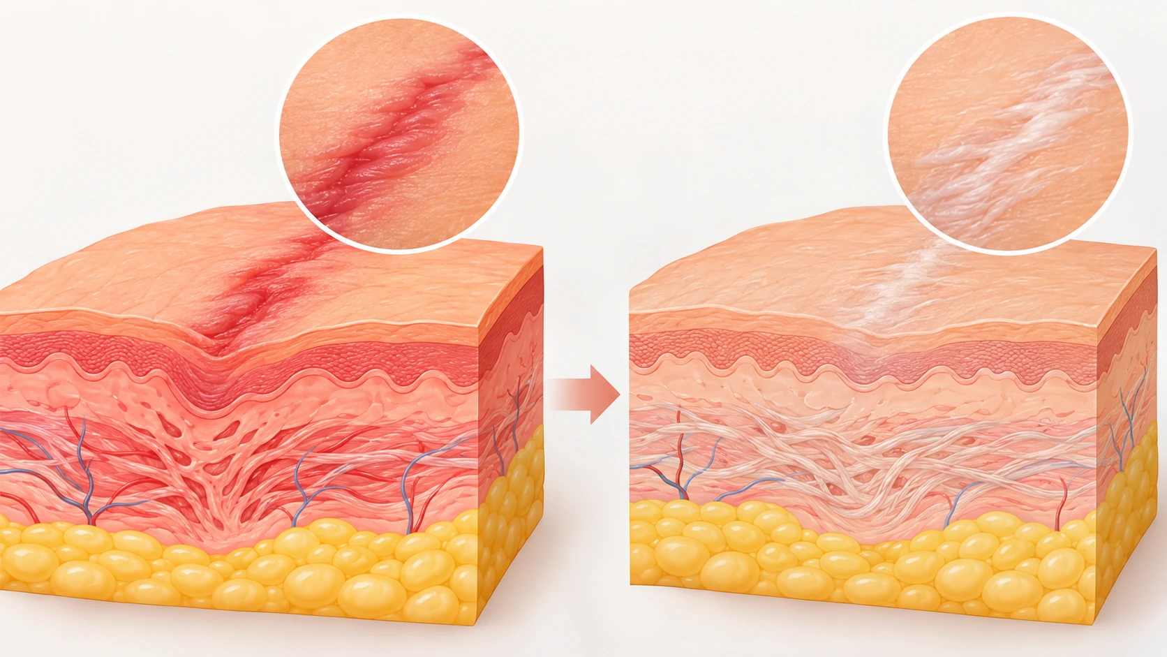 Illustration showing the difference between early-stage and older-stage stretch marks